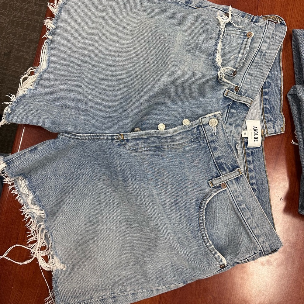 Agolde Light Blue Distressed High-Rise Jean Shorts